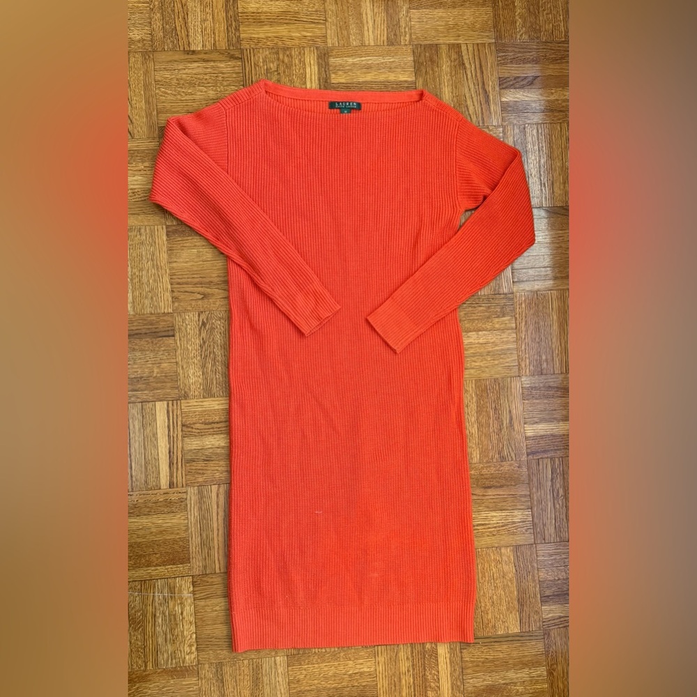 Ralph Lauren Orange Ribbed Boatneck Long-Sleeve Midi Dress